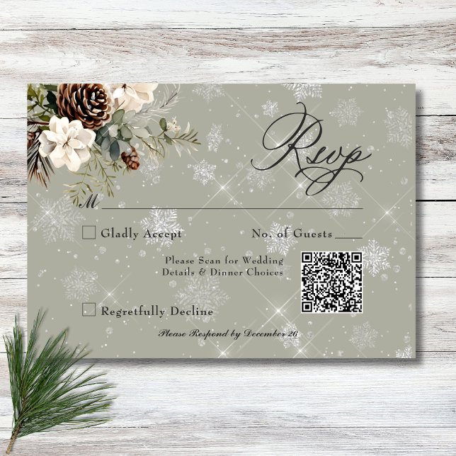 Rustic Snowfall Gräs & White Blommigt Sage Bröllop OSA Kort (Rustic Snowfall Pine & White Floral Sage Wedding RSVP Card)