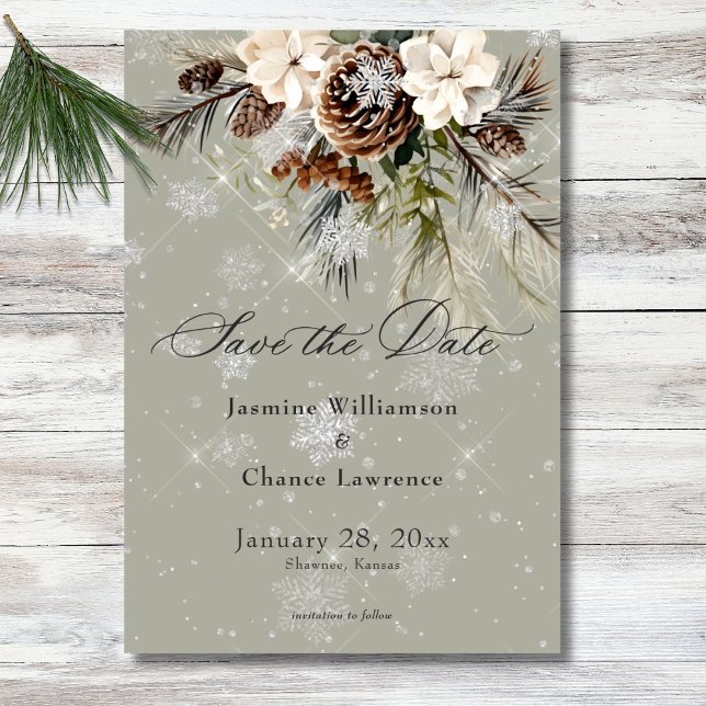 Rustic Snowfall Gräs & White Blommigt Sage Bröllop Spara Datumet (Rustic Snowfall Pine & White Floral Sage Wedding Save The Date)