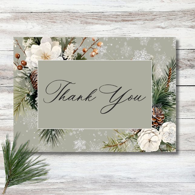 Rustic Snowfall Gräs & White Blommigt Sage Bröllop Tack Kort (Rustic Snowfall Pine & White Floral Sage Wedding Thank You Card)