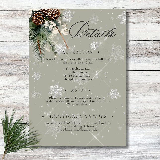 Rustic Snowfall Gräs & White Blommigt Sage Bröllop Tilläggskort (Rustic Snowfall Pine & White Floral Sage Wedding Enclosure Card)