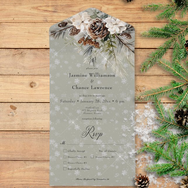 Rustic Snowfall Gräs & White Blommigt Sage Middag (Rustic Snowfall Pine & White Floral Sage Dinner All In One Invitation)