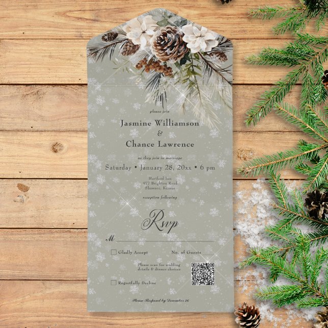 Rustic Snowfall Gräs & White Blommigt Sage QR-kod (Rustic Snowfall Pine & White Floral Sage QR Code All In One Invitation)