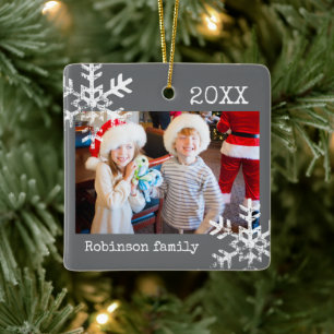 Rustic Snowflake Family Mörk Grått Julgransprydnad Keramik