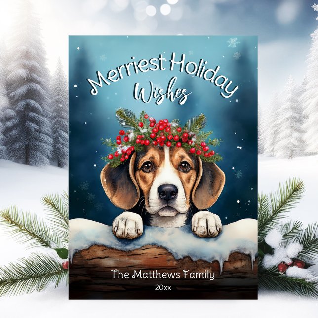 Rustic Snowy Merriest jul Önskemål Beagle Hund Julkort (Adorable Winter Snowy Scene With Peeking Dogs or Farm/Woodland Animals - Over 50 to Choose From!)