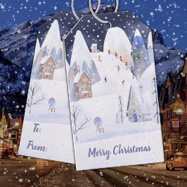 Rustic Snowy Mountain Ski Village Winter Helgdag Presentetikett