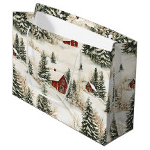 Rustic Snowy Woodland Village Red White jul