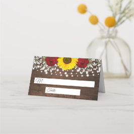 Rustic Solblommor Ro och String Ljus Bröllop Placeringskort