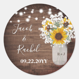 Rustic Solblommor String Ljus Monogram Bröllop Runt Klistermärke