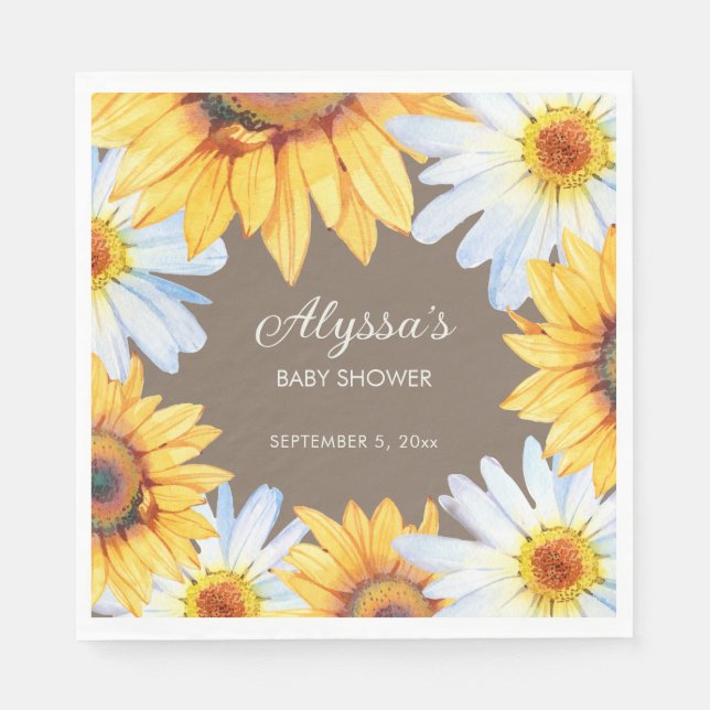 Rustic Solblommor White Daisys Brown Baby Shower Pappersservett (Framsidan)
