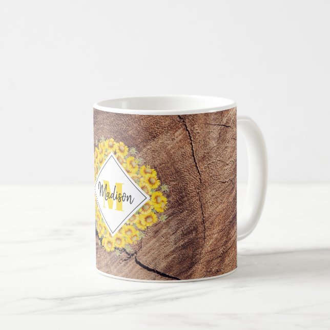 Rustic Solblommor & Wood Struktur Monogram Kaffemugg (Framsida höger)