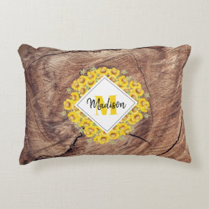 Rustic Solblommor & Wood Struktur Monogram Prydnadskudde