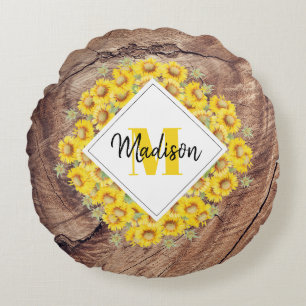 Rustic Solblommor & Wood Struktur Monogram Rund Kudde