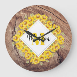 Rustic Solblommor & Wood Struktur Monogram Stor Klocka