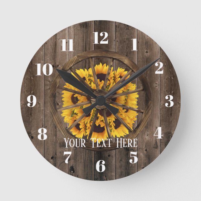 Rustic Solblommor & Wood Wheel Land Rund Klocka (Framsida)