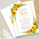 Rustic Solros 50:e Födelsedagsfesten Inbjudningar<br><div class="desc">Söt gult solrosblomma blommigt 50 födelsedagsfest inbjudan. Gult och vita daisy med solblommor. Ett rektangulärt guld ram ge är en elegant vibe. 50:e födelsedagshälsningen och firmans namn är skrivna i guld. Mycket enkelt att anpassa. Den där baksidan är vit med en solrosbukett. Det här är en perfekt för en sommardag....</div>