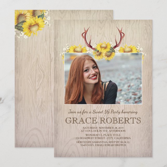 Rustic Solros Antlers | Sweet sixteen födelsedag Inbjudningar (Fram/baksida)
