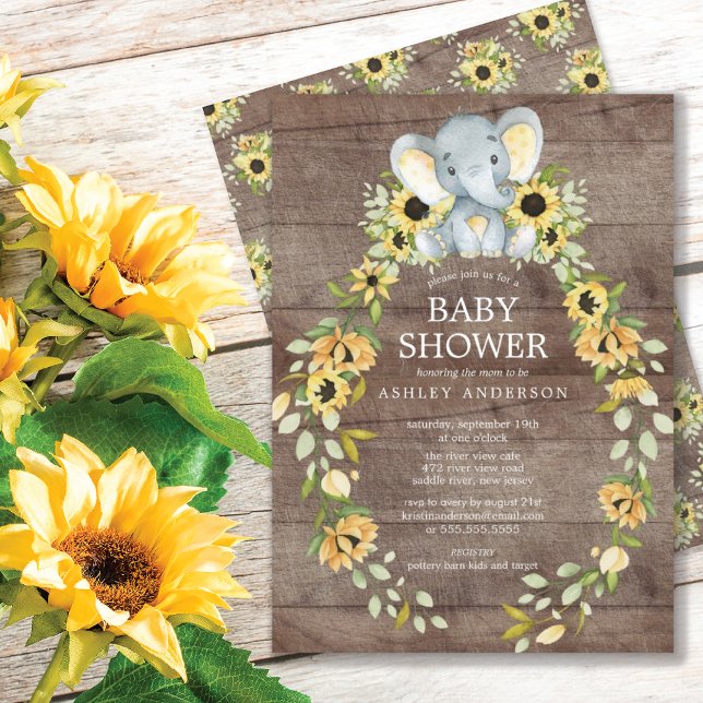 Rustic Solros & Baby Elephant Baby Shower Inbjudningar (Skapare uppladdad)