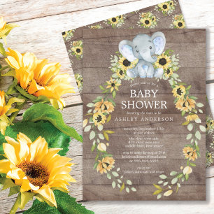 Rustic Solros & Baby Elephant Boys Baby Shower Inbjudningar