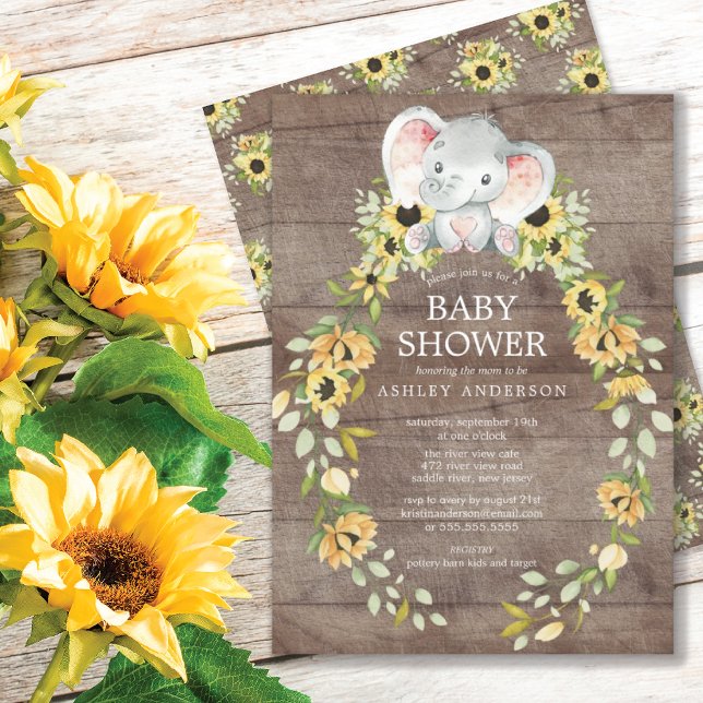 Rustic Solros & Baby Elephant Girls Baby Shower Inbjudningar (Skapare uppladdad)