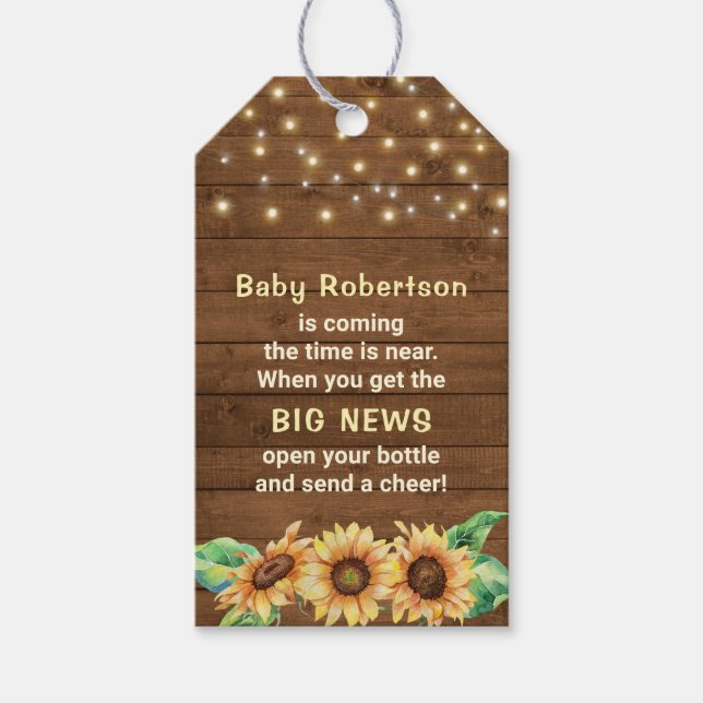 Rustic Solros Baby Shower Mini Flaska Favor Presentetikett (Framsidan)