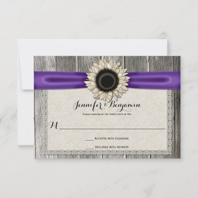 Rustic Solros Barn Wood Snöre Puple Ribbon OSA Kort (Framsida)