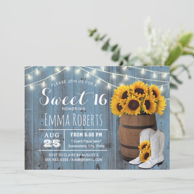 Rustic Solros Barrel Dusty Blue Barn Sweet 16 Inbjudningar (Stående Fram)