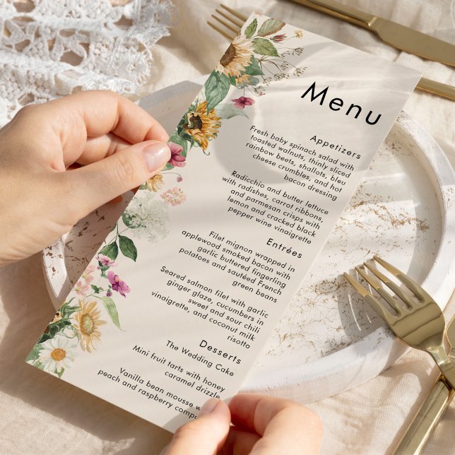 Rustic Solros Beige Bröllop Flat Menu Meny (Skapare uppladdad)