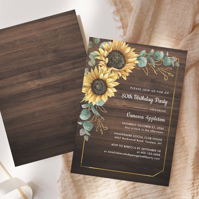 Rustic Solros Blommigt 80:e Födelsedagsfesten Inbjudningar (Rustic Sunflower Eucalyptus Wood Look 80th Birthday Party Invitation)