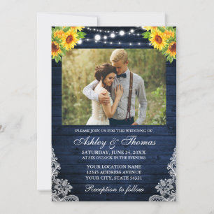 Rustic Solros Blommigt Blue Wood Ljus Photo Inbjudningar