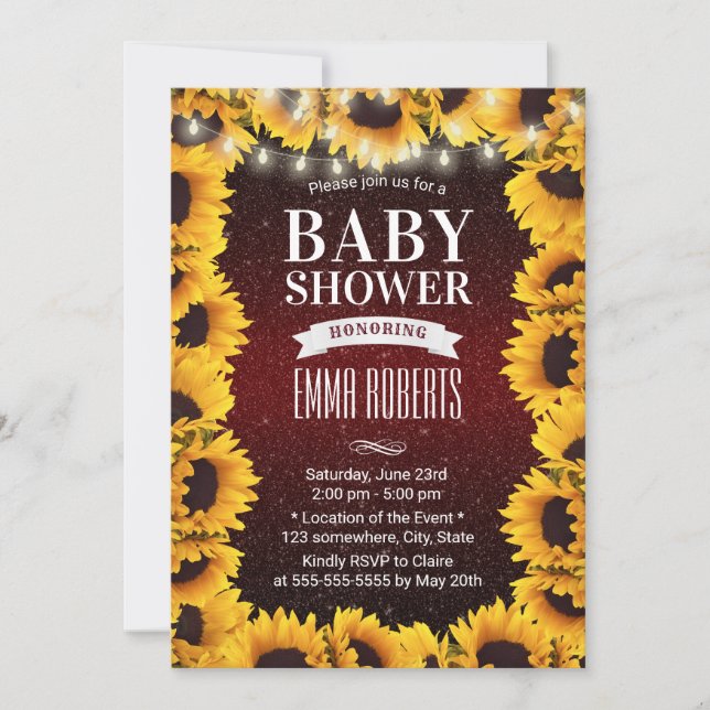 Rustic Solros Blommigt Burgundy Red Baby Shower Inbjudningar (Framsida)