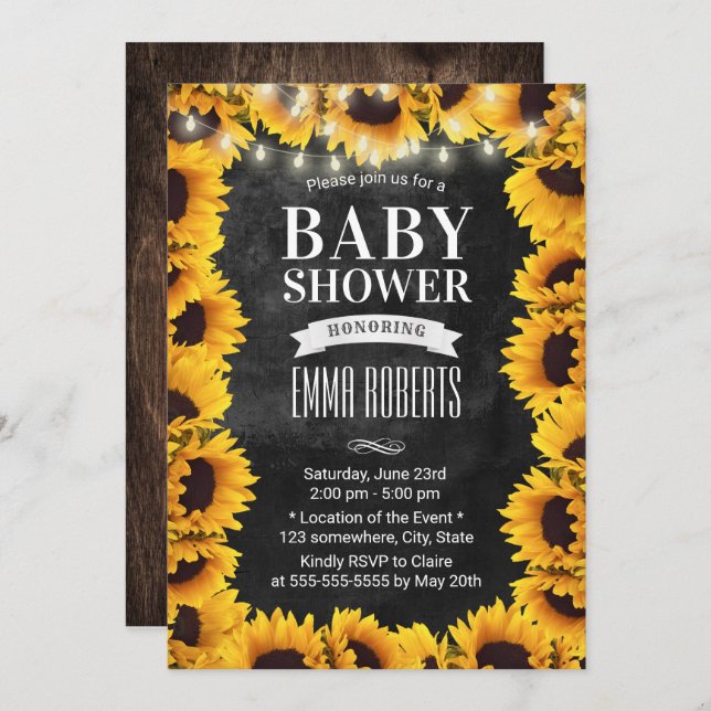 Rustic Solros Blommigt Chalkboard Baby Shower Inbjudningar (Fram/baksida)