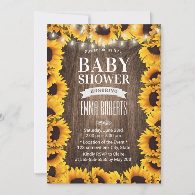Rustic Solros Blommigt Framed Baby Shower Inbjudningar (Framsida)