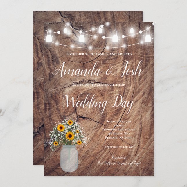 Rustic Solros Blommigt Mason Burk Landsbyggsbröllo Inbjudningar (Fram/baksida)