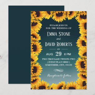 Rustic Solros Blommigt Ram Teal Bröllop Inbjudningar