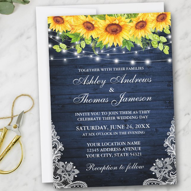 Rustic Solros Blommigt Snöre Blue Wood Ljus Inbjudningar (Customize to add more text or photos to back of card.)