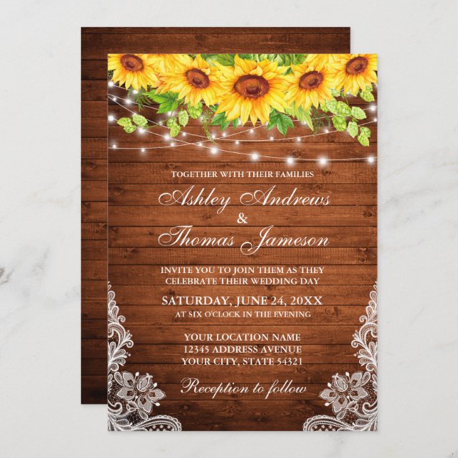 Rustic Solros Blommigt Snöre Wood Ljus Inbjudningar (Fram/baksida)