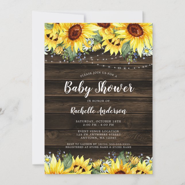 Rustic Solros Blommigt String Ljus Baby Shower Inbjudningar (Framsida)