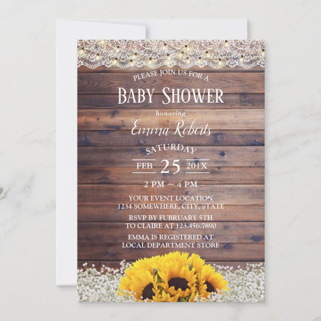 Rustic Solros Blommigt String Ljus Baby Shower Inbjudningar (Framsida)