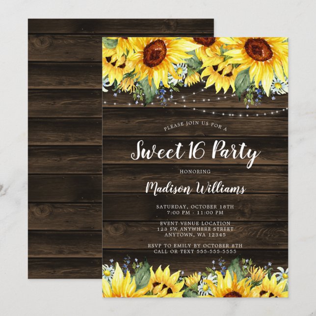 Rustic Solros Blommigt String Ljus Sweet 16 Inbjudningar (Fram/baksida)