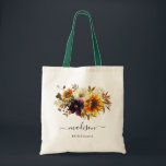 Rustic Solros Blommigt Watercolor Namn Bridesmaid Tygkasse<br><div class="desc">Rustik Modern Solros Burgundy Lila Höstfällning Blommigt Elegant vattenfärg Girly Script Namn Bröllop Bridesmaid Tote Bag</div>
