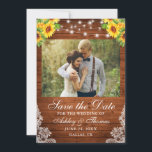 Rustic Solros Blommigt Wood String Ljus Photo Spara Datumet<br><div class="desc">Rustic Wood String Ljus Watercolor Solros Blommigt och Grey Snöre Bröllop spara datum Card</div>