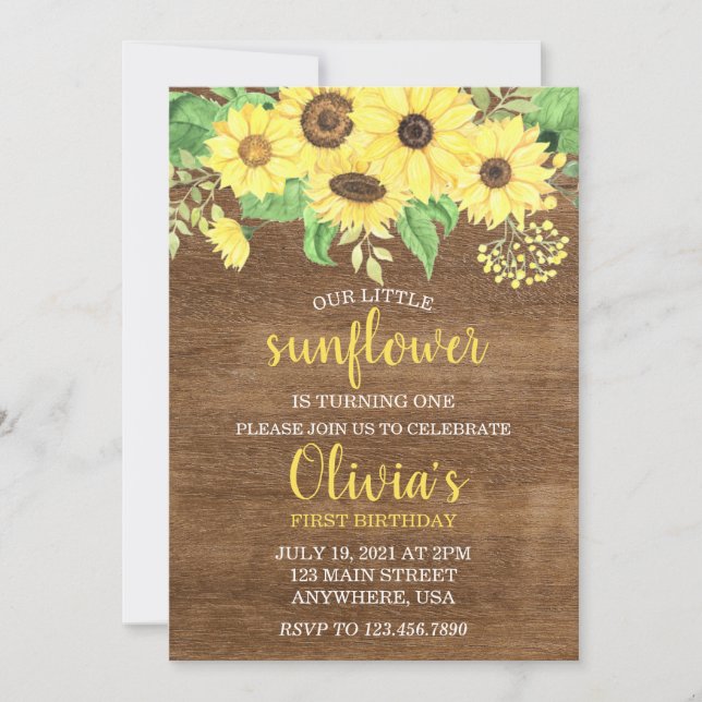 Rustic Solros Blommigt Wood Summer First Birthday Inbjudningar (Framsida)