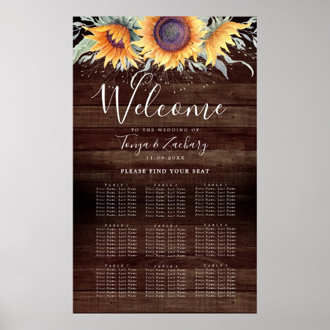 Rustic Solros Bloom 9 Bord Sittdiagram Poster (Framsidan)