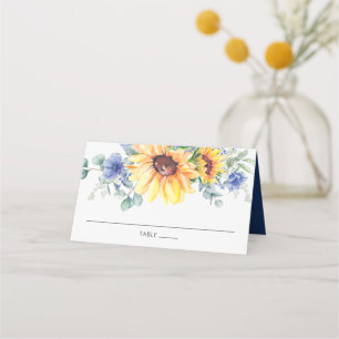 Rustic Solros Blue Blommigt Bröllop Guest Namn Placeringskort