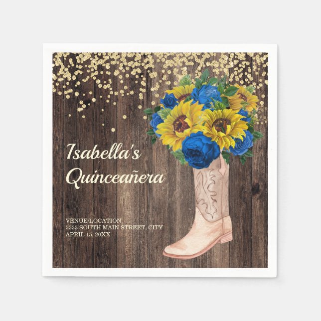 Rustic Solros Blue Ro Boots Quinceañera Pappersservett (Framsidan)