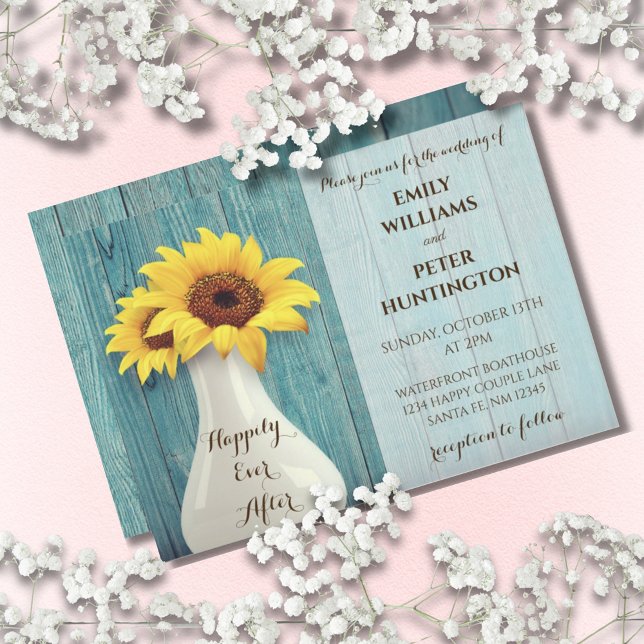 Rustic Solros Blue Wood Bröllop Inbjudningar (Rustic Sunflower Blue Barnwood Wedding Invitation)