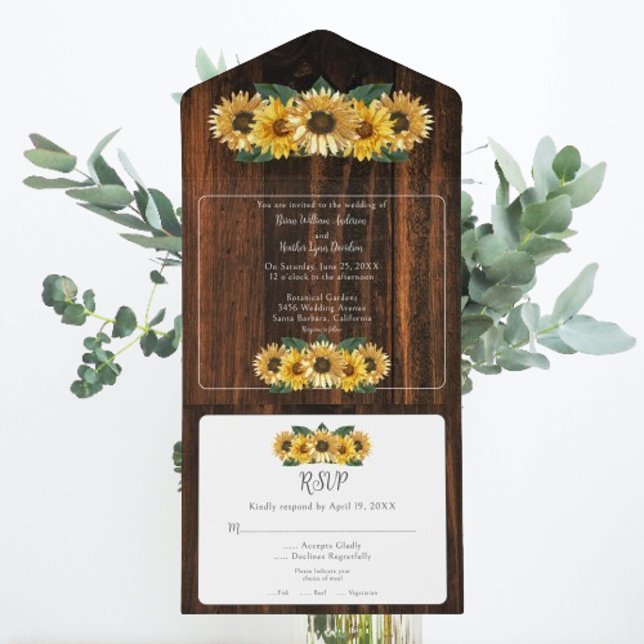 Rustic Solros Bröllop (Rustic Sunflower Wedding All in One Invitation)