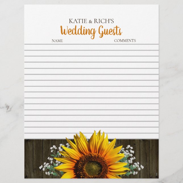 Rustic Solros Bröllop Guestbook Papper (Framsida)