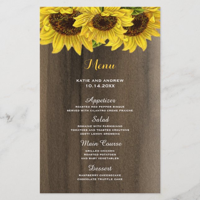 Rustic Solros Bröllop Menu (Framsida)