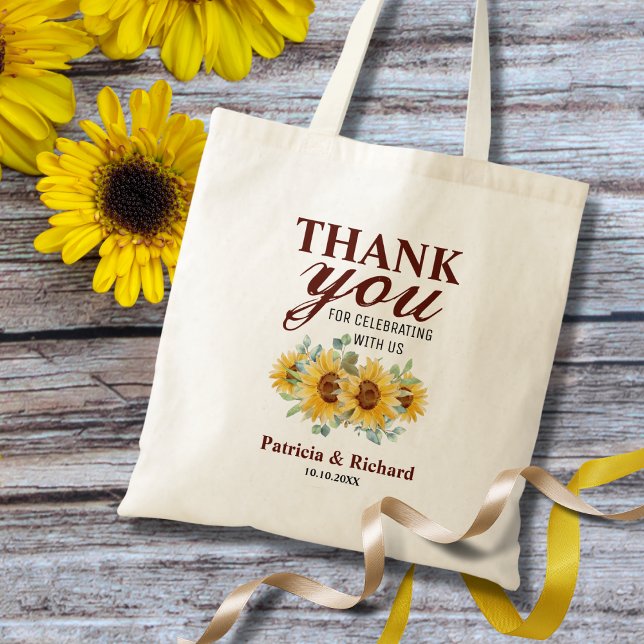 Rustic Solros Bröllop Tack Favor Tygkasse (Say a rustic 'Thank You' with our Sunflower Wedding Favor Tote Bags. country wedding welcome bag.)